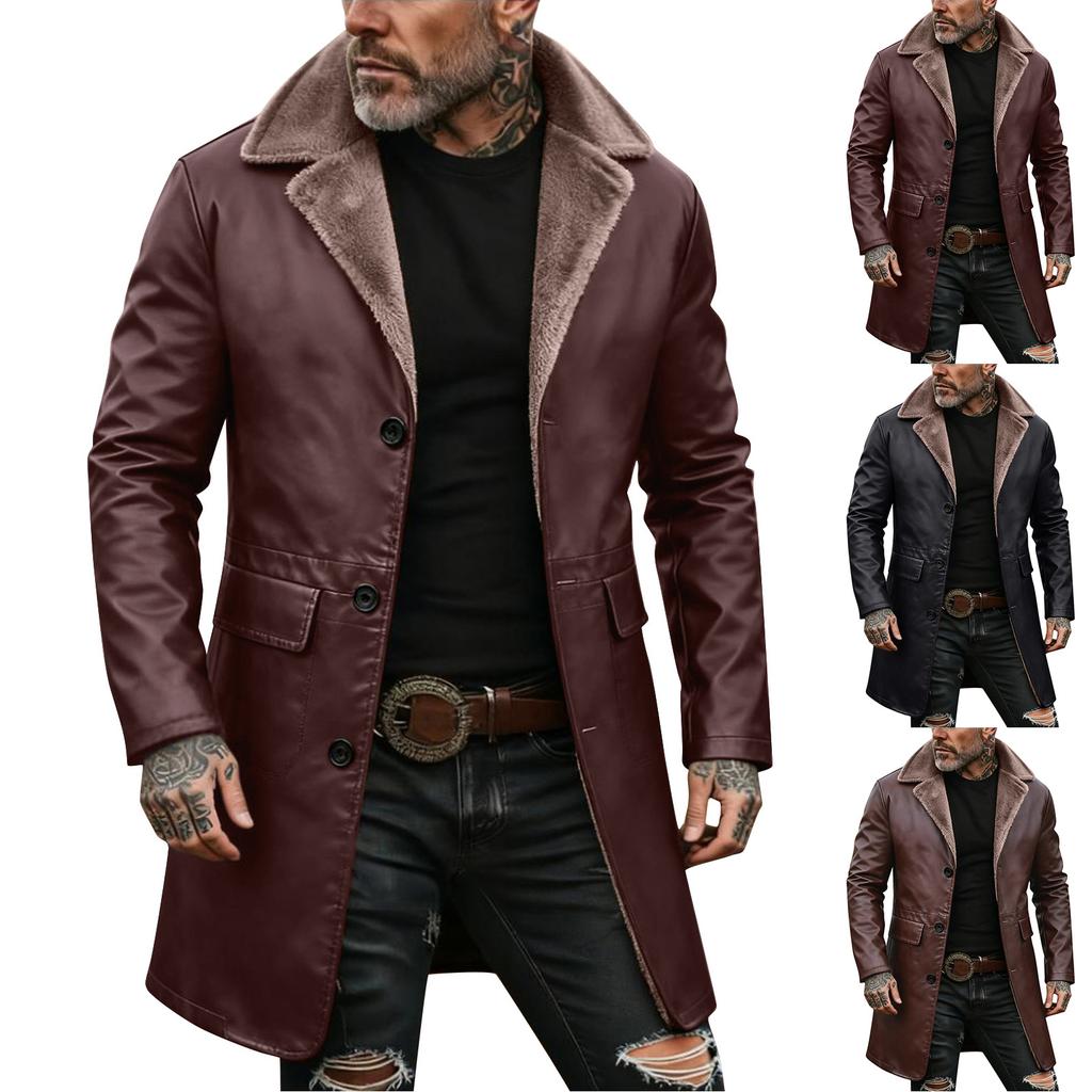 Men's Solid Color Button Pocket Work Wear Plus Velvet Leather Jacket Men's Casual Long Coat