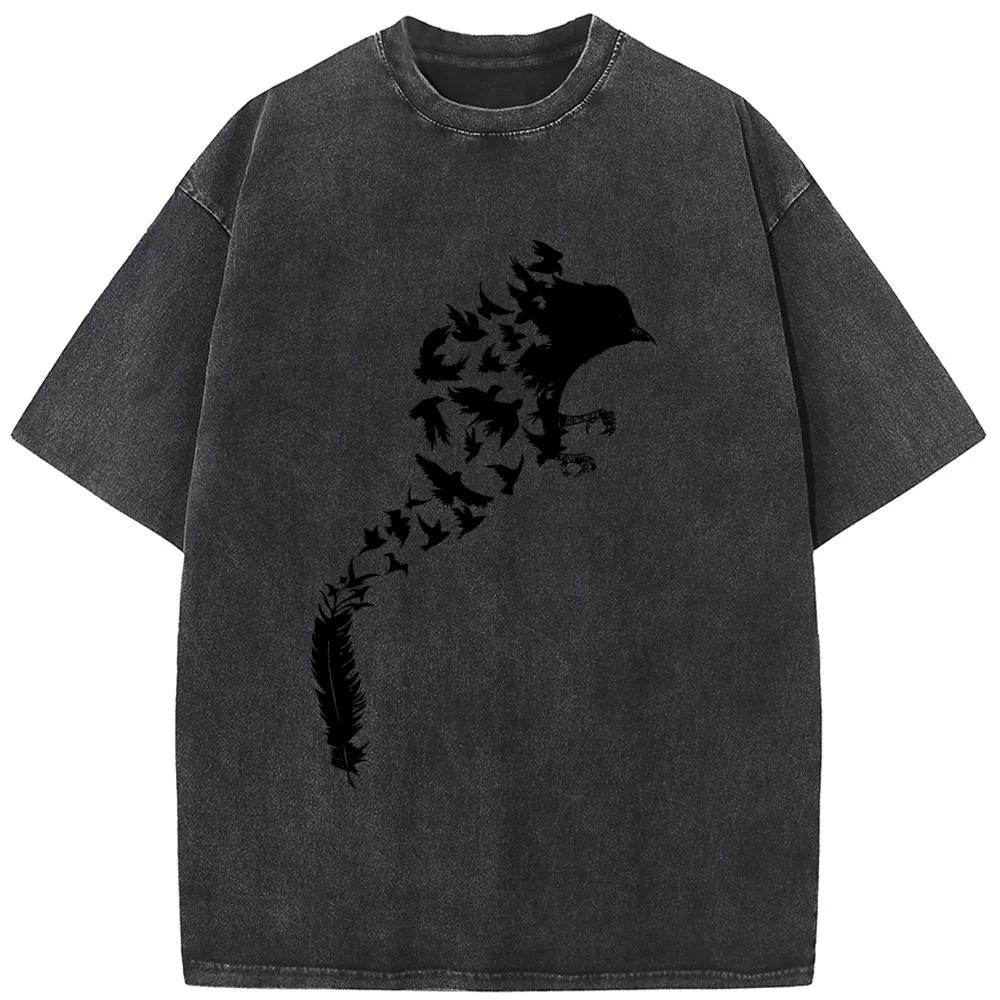 Feather Bird Men's Short-Sleeved T-shirt Washed Old High Quality T-shirt Student Top T-shirts