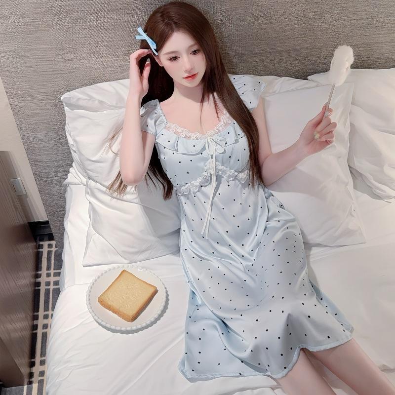 Polka Dot Lace Mid-Length Nightgown with Breast Pads – 2025 Pure Desire Style