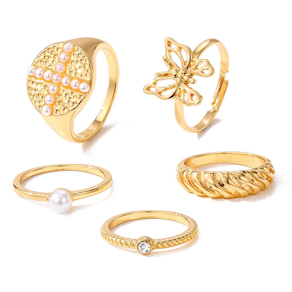 

Комплект из 5 предметов, нежное романтическое кольцо с бабочкой, модное жемчужное очарование, темперамент, женское сексуальное кольцо с бабочкой и животным, комплект золотой