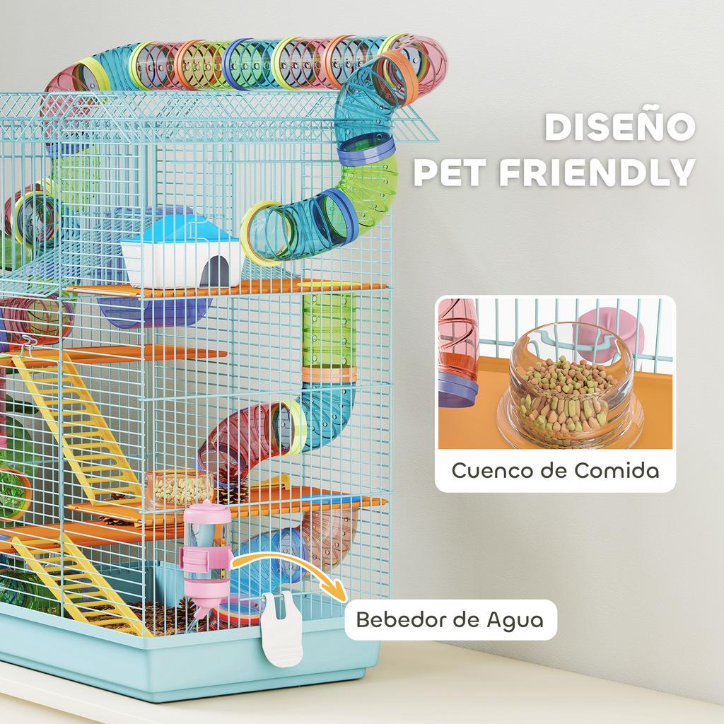 Multi-Level Hamster Cage with Tubes, Platforms, Feeder, Water Bottle, House, Wheel, and Ladders, 47x30x59 Cm, Blue