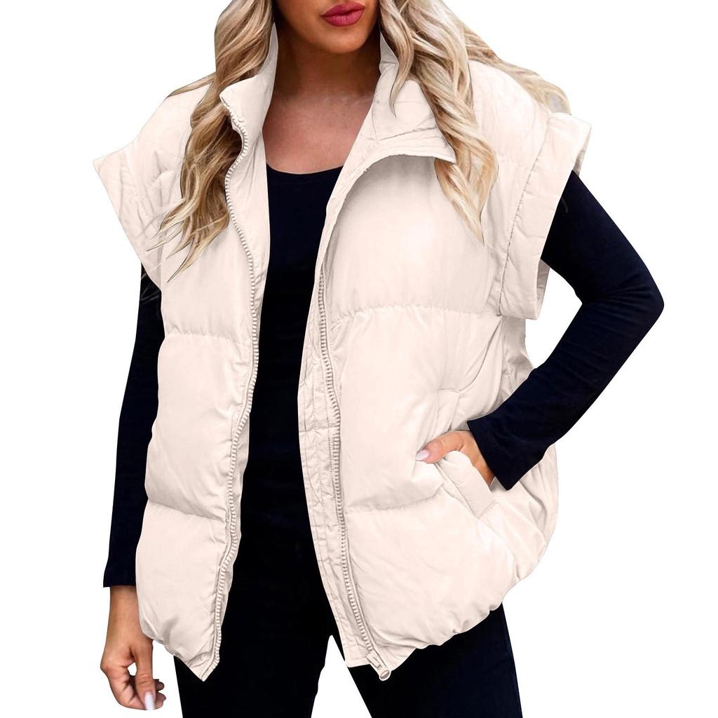 Women's Casual Winter Vest Stand Collar Sleeveless Puffy Jackets Coat With Pockets Winter
