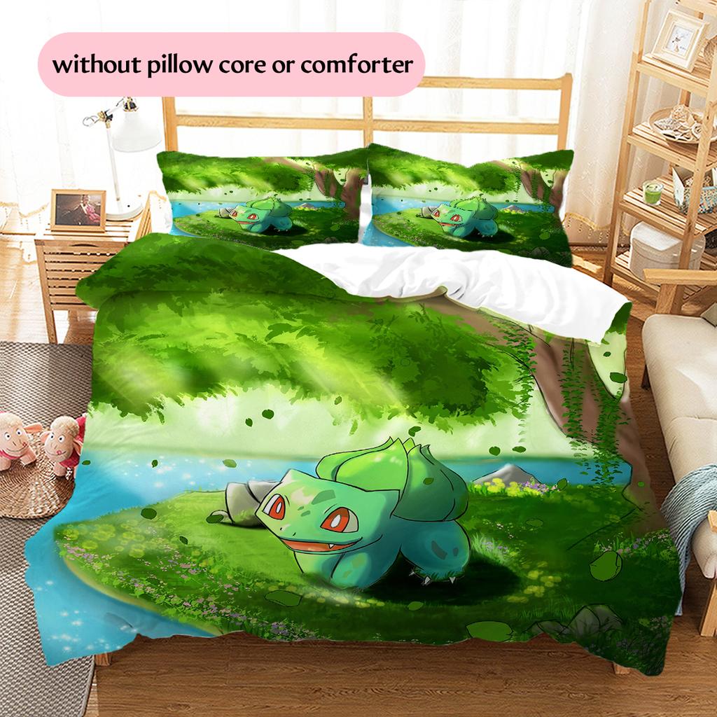 Pokémon Bulbasaur Pattern Bedding Home Decoration Birthday Gift (1 * Duvet Cover + 2 * Pillowcase, Without Core)