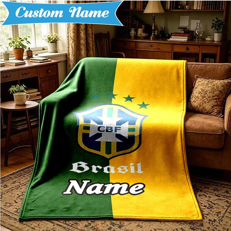 Custom Name Brasilian Pride Emblem Blanket Lightweight Ideal Bedding Blanket Perfect for Travel, Camping, Living Rooms, Sofas, Christmas Gift