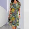 Damen Rundhals Kurzarm 3D-Druck T-Shirt Kleid Midi Länge Sommer Strandkleidung
