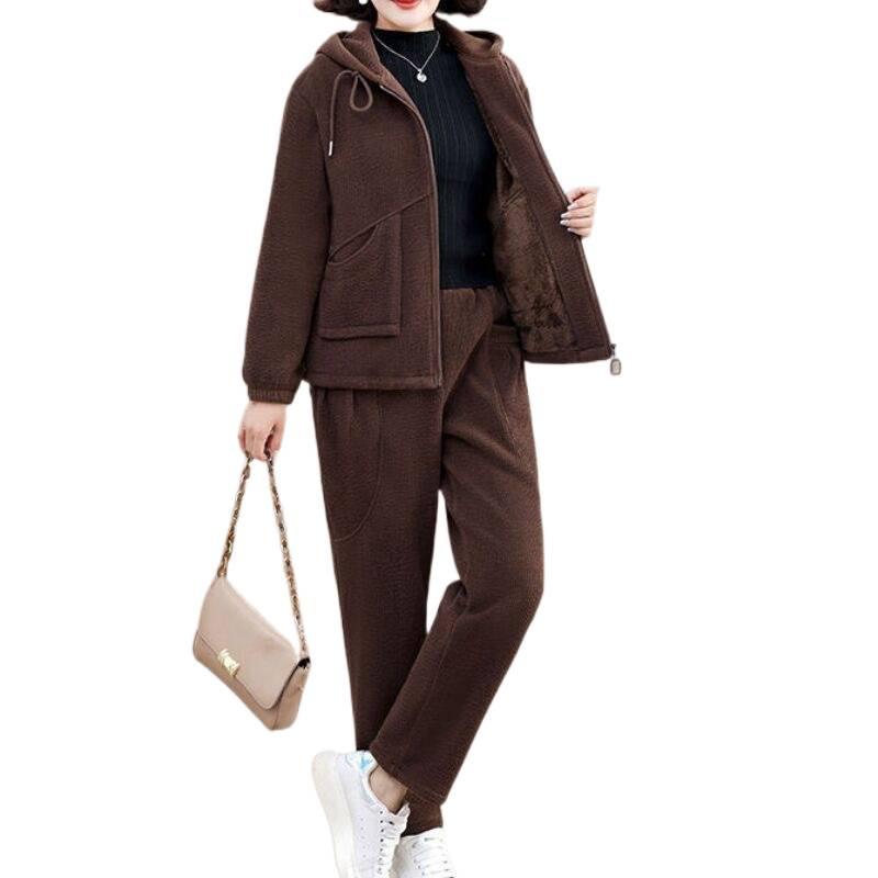 Middle-aged mother's autumn and winter clothing plus velvet casual jacket fashion suit middle-aged and elderly autumn and winter two-piece set