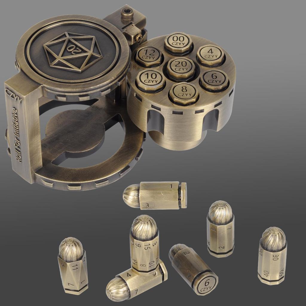 CZYY Set di 7 dadi proiettile poliedrici in metallo con contenitore cilindrico rotante per revolver Dadi in stile cyberpunk per giochi da tavolo a tema Warhammer e crimine