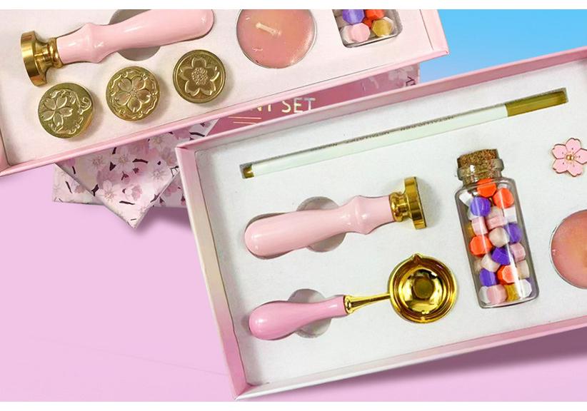 Cherry Blossom Wax Seal Stamp Gift Set: Copper Head, Mixed Color Wax, Spoon & 6-Piece Kit