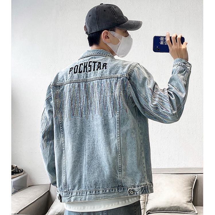 Men's American Retro Embroidered Washed Denim Jacket - Trendy, Loose Fit, Casual Spring/Autumn Outerwear