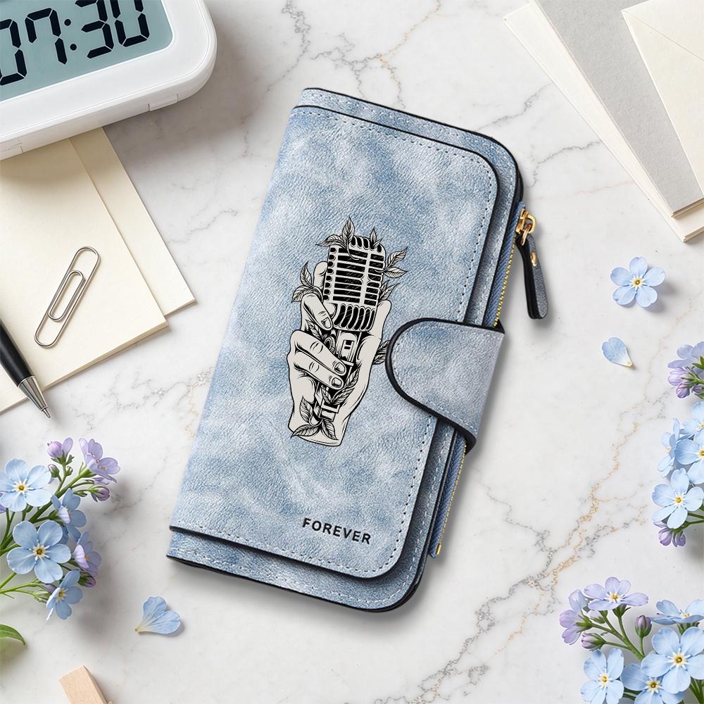 Vintage Mic Pattern Long Wallet Forever Engraved Purse for Daily Use