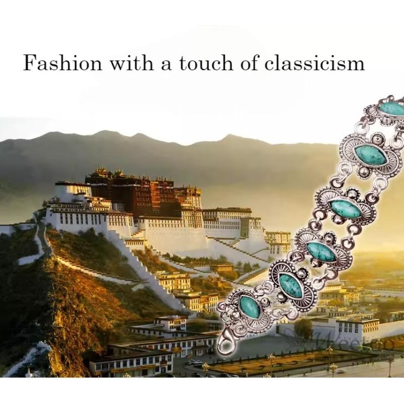 Tibetan silver Bohemian turquoise fashionable and beautiful bracelet, retro ethnic style turquoise water drop retro ankle bracelet