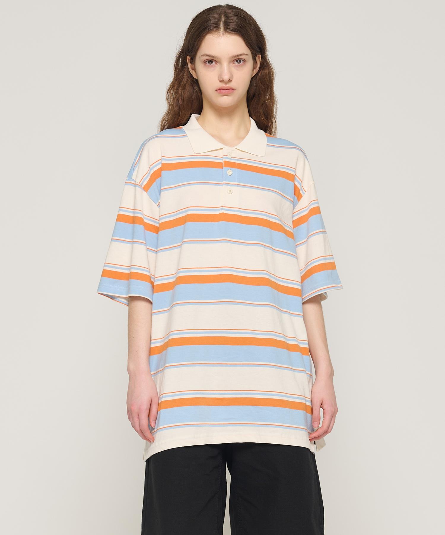 Loose-Fit Striped Short-Sleeve Pique Shirt (Orange) Free