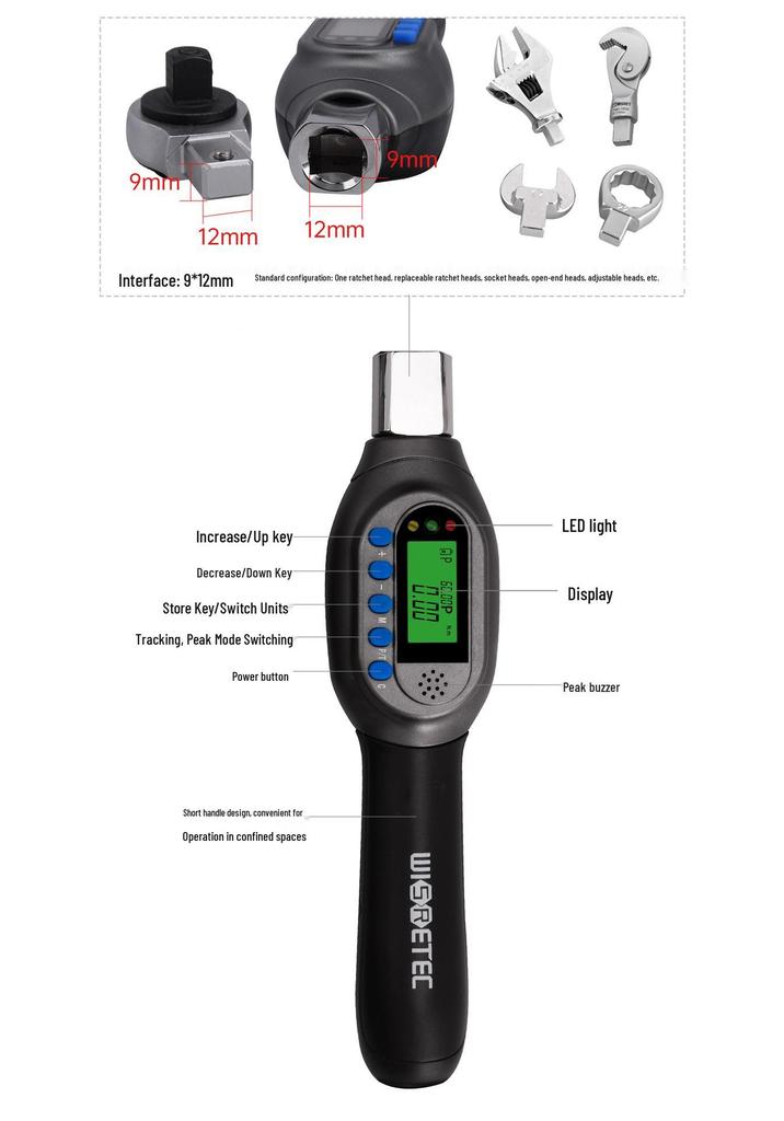 Adjustable High-Precision Digital Torque Wrench with Interchangeable Head