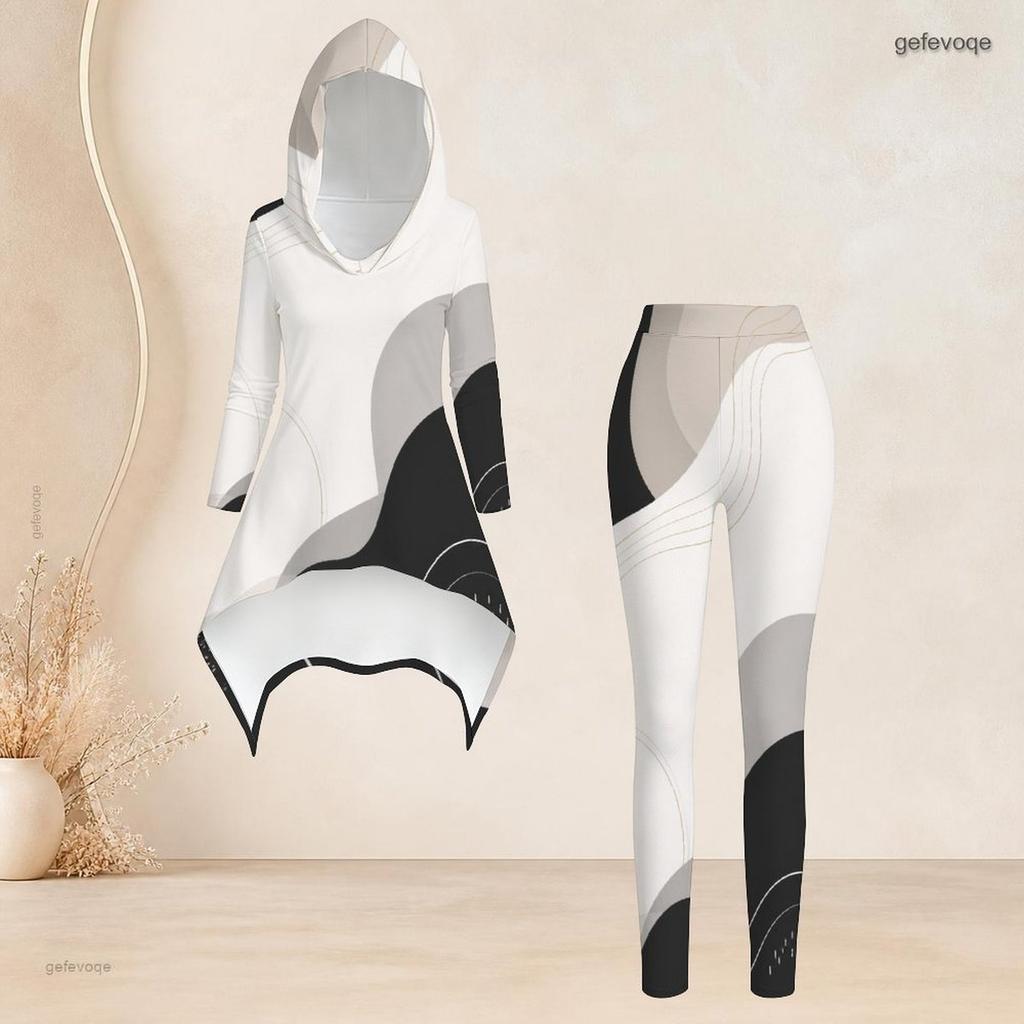 Women Plus Size Two Piece Set Hooded Long Sleeve Abstract Printed High Low Top And Fitted Pants