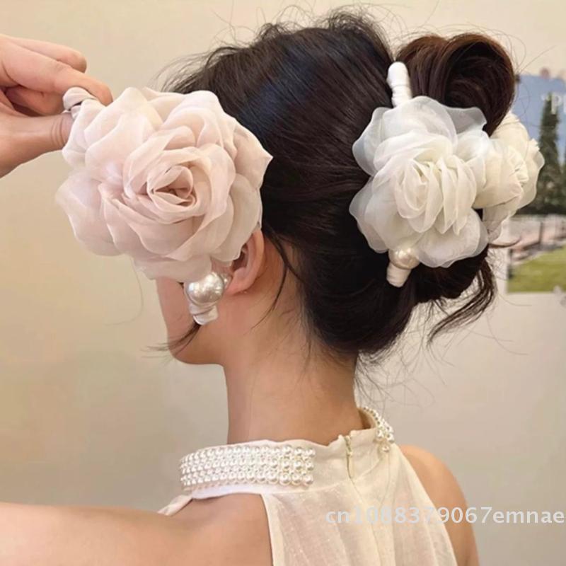 [ZYS]Large Fabric Mesh Rose Flower Elegant Delicate Hair Clip For Women Girls Imitation Pearl Floral Shark Clip Hair Accessories