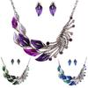 Retro Tibetan Leaf Peacock Crystal Rhinestone Drop Earrings Short Necklace Set