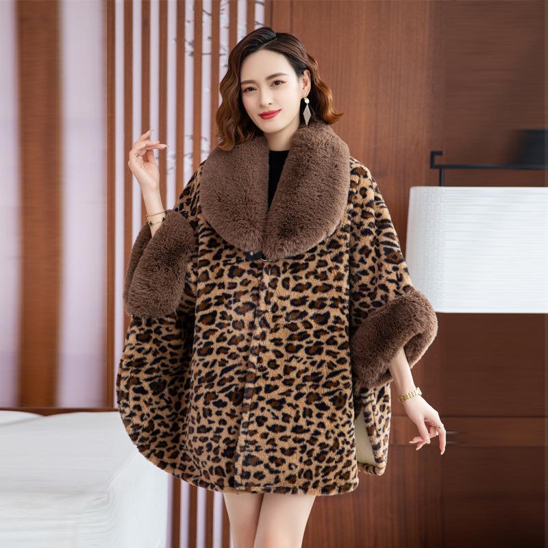 Women'S Coat Winter Velvet Thickened Thermal Cape Large Fur Collar Loose Large Size Leopard Print Cape Jacket