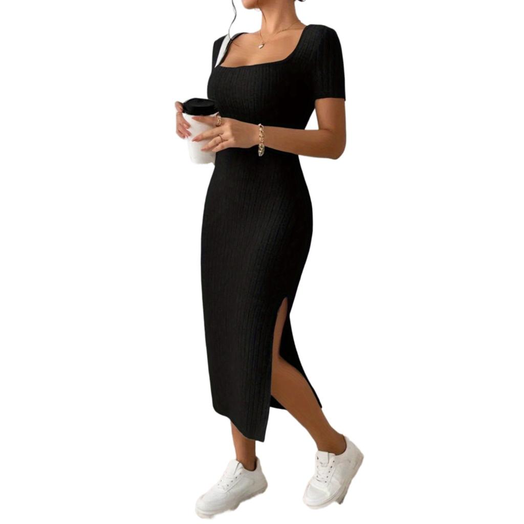 Women's New French Stand Alone Square Neck Short Sleeve Side Slit Dress