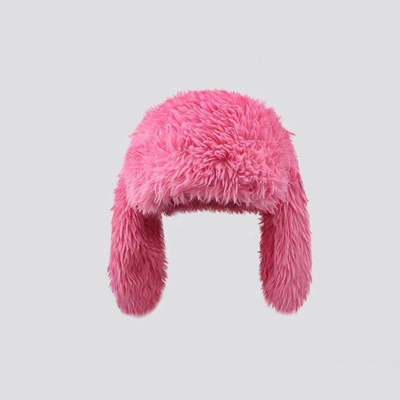 Měkká plyšová čepice s dlouhýma králičíma ušima pro ženy a dívky, roztomilá kreslená čepice na ochranu uší, zimní zateplená pletená čepice, baret