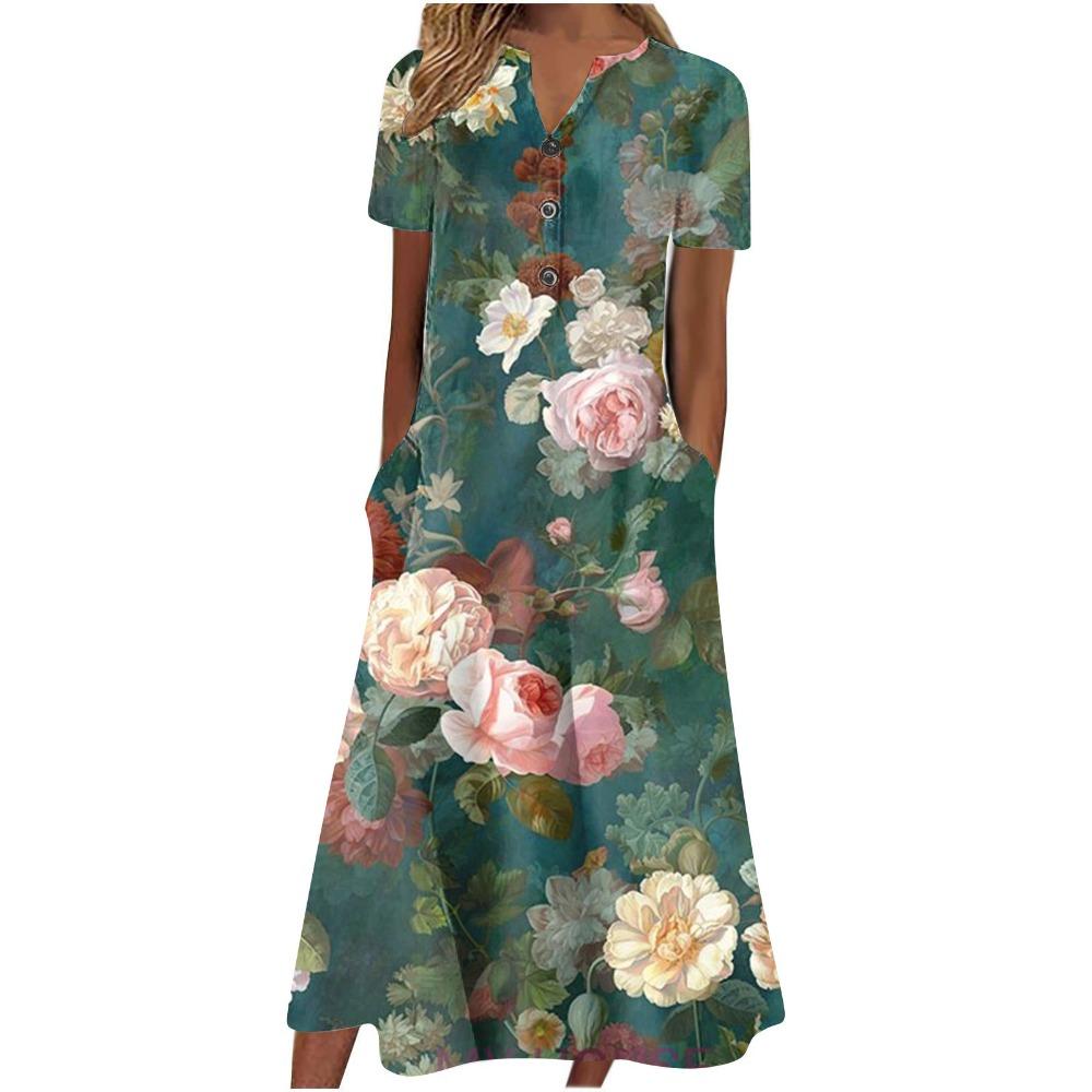 Women's V‑Neck Button Short Sleeve Midi Dress Loose Printed Casual Dress With Side Pockets