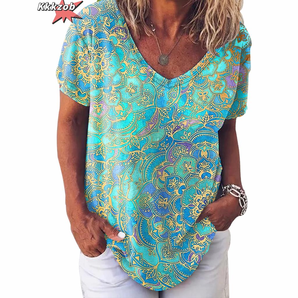 Vintage Print Top Women Short Sleeved Streetwear Summer Tee Women's Fashion Casual V Neck T Shirts Y2k Oversized Female Clothing