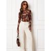 Women's Long Sleeve T-shirt Slim Fit Stand Collar Mesh Retro Printed Floral Women's T-Shirts Fashion Elegant Sexy See Through Base Female Tee Tops