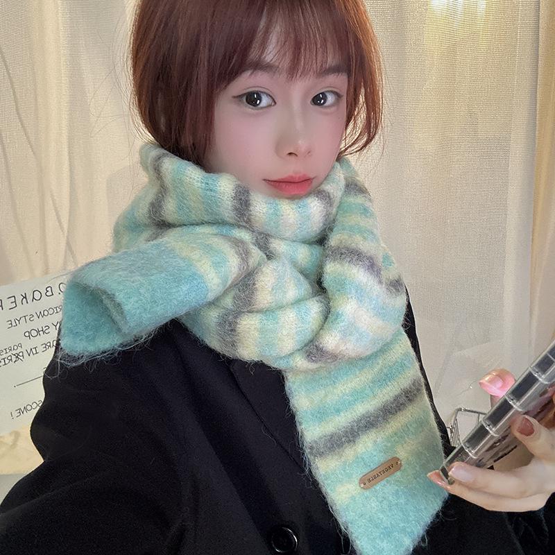 Luochi Women s Soft Striped Wool Scarf - Cozy, Fluffy, Color Block Knit Neck Warmer for Autumn and Winter.
