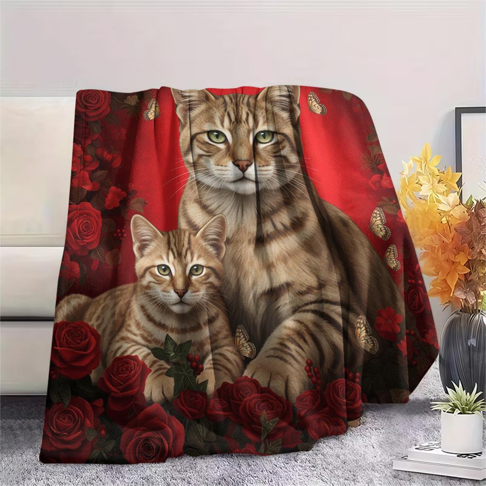 1PC Red Rose Animals Print Flannel Blanket, High Quality All Seasons, Home Decor, Warmth and Comfort, Perfect for Christmas Gifts