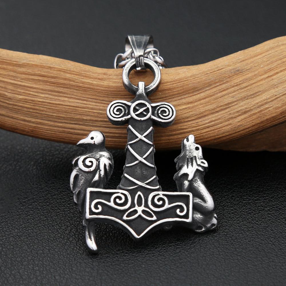 Vintage  Viking Thors Hammer Pendant With Wolf And Raven Necklace For Men Stainless Steel Nordic Amulet Jewelry