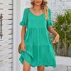 Women's Casual Fashion Summer V-Neck Dresses Solid Color Short Sleeve Pleated Dresses
