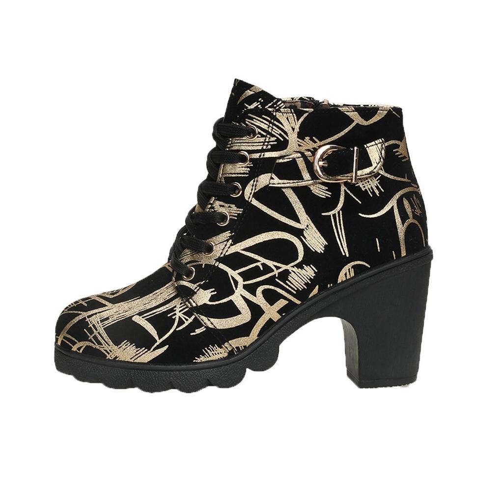 Autumn Winter Plus Size Women's PU Printed Graffiti Thick Soled Snow Boots Comfortable Warm Round Headed Short Tube Martin boots 36-42