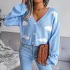 Women Autumn Winter Knitted Cardigan Long Sleeve V Neck Printed Single Breasted Sweater