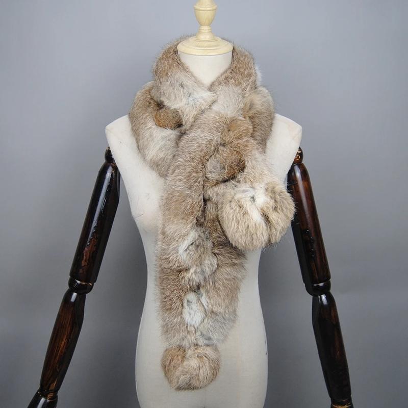 2026 New Arrival Winter Real Rabbit Fur Scarf Women Long Warm Genuine Rabbit Fur Scarves Female Knit Fluffy Pompoms Fur Scarves