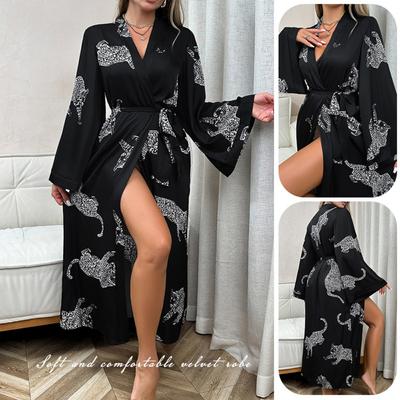Damen Langer Satin Bademantel Nachthemd Langarm Schnürung Sexy Loungewear