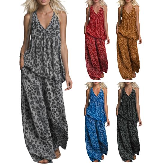 Conjuntos de 2 Piezas Estampados de Verano para Mujer Camiseta sin Mangas con Cuello en V y Pantalones de Pierna Ancha Conjuntos para Estar en Casa Atuendos Casuales de Vacaciones