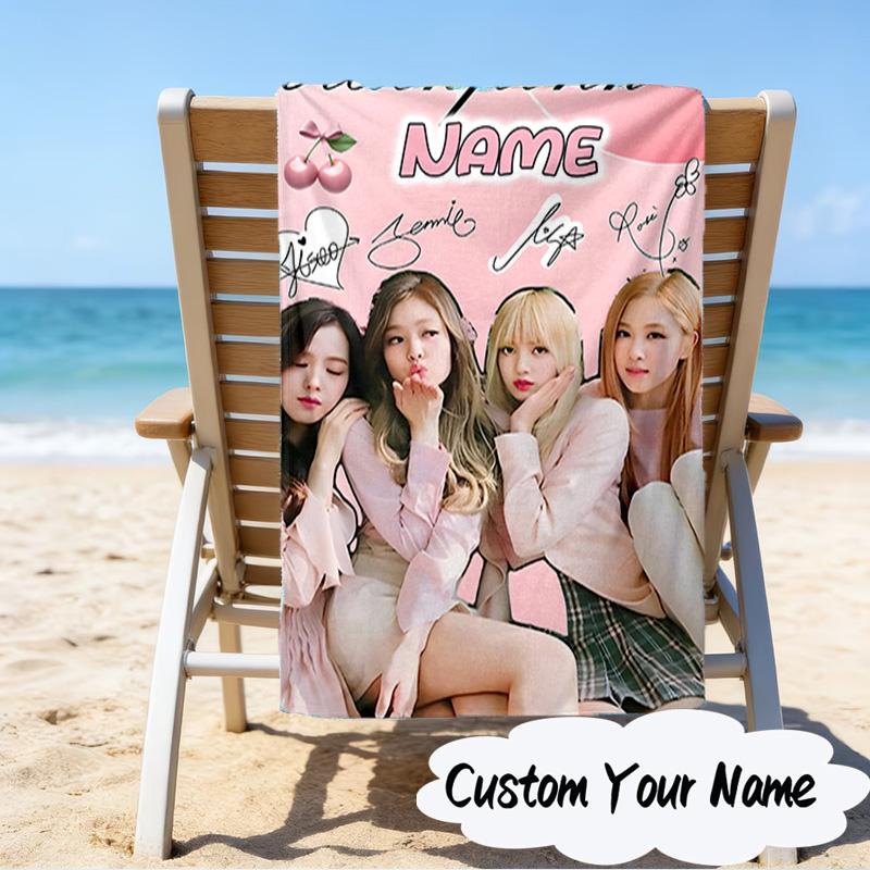 Custom Name Black-pink Signature Microfiber Beach Towel Super Soft & Absorbent for Bath, Beach, Travel Bath Time Accessory, Fan gifts