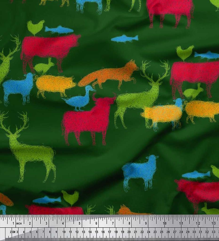 Soimoi Japan Crepe Satin Fabric Birds & Animals Hand Drawn Print Fabric by Metre 42 Inch