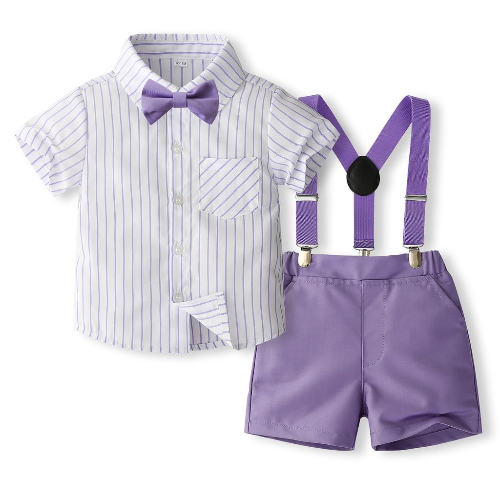Boy Gentleman Outfit Vertical Stripe Print Short Sleeves Shirt with Bow Tie and Suspender Shorts Set for Formal Wear