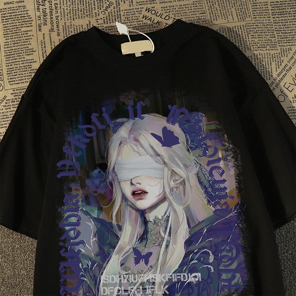 Dream Blindfold Girl Character Print T-Shirt Women & Men Summer New Retro 100% Cotton High Street Fashion Brand Versatile