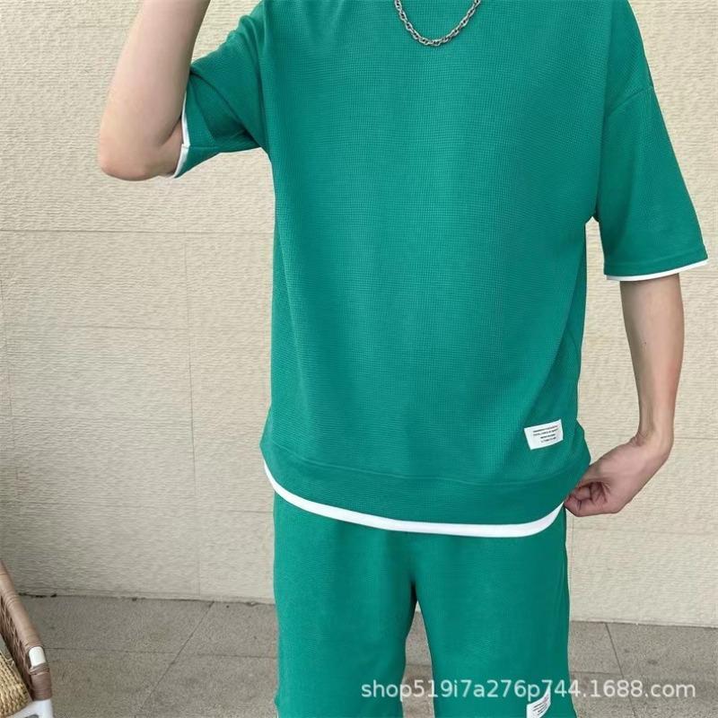 New Waffle Suit Men's Summer Explosion Short-sleeved T-shirt Men's Fake Two-piece Five-point Pants Suit Spot Batch Ropa