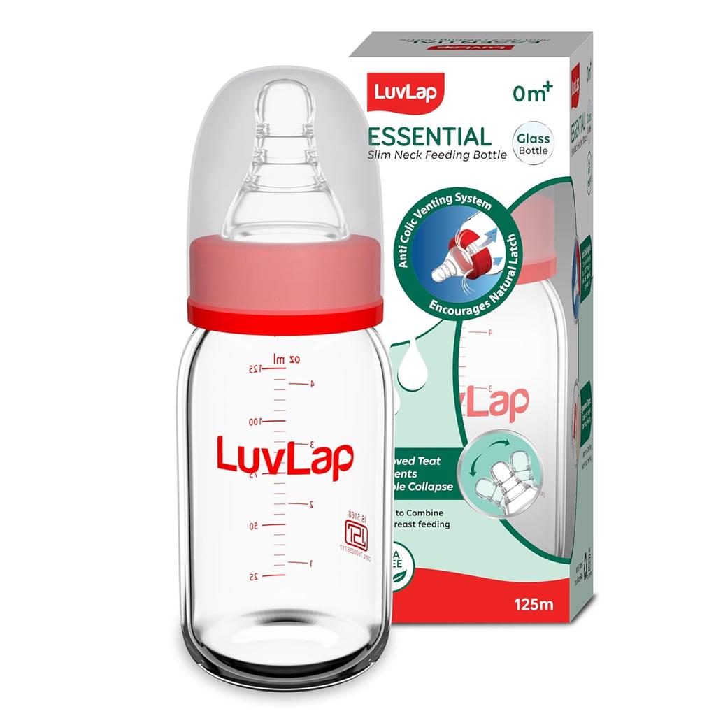 LuvLap Essential Slim Neck Borosilicate Glass Baby Feeding Bottle 125ml Anti Colic BPA Free Safe Durable White Red Pack of 1