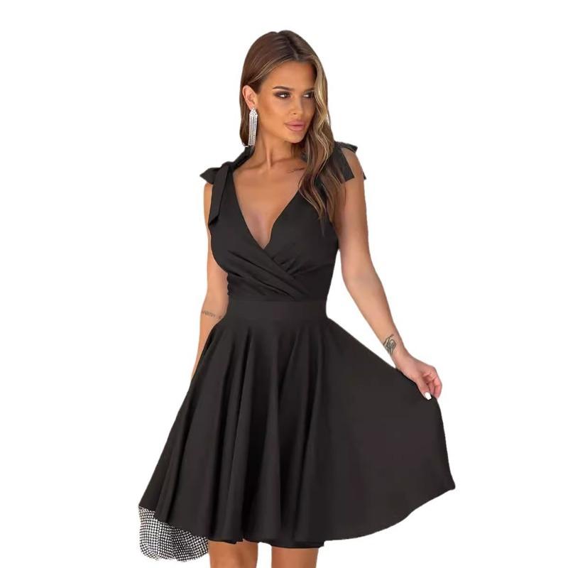 Women's European Summer Solid Color V-neck High-waisted Dress