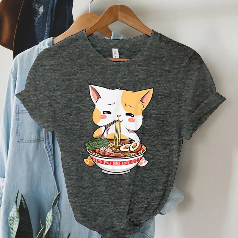 Tshirt Print Lovely Cat Ramen Cute Graphic Tee Casual Shirt Women Oversized Loose Fashion Trend Tshirt Cat Ramen Summer Shirt