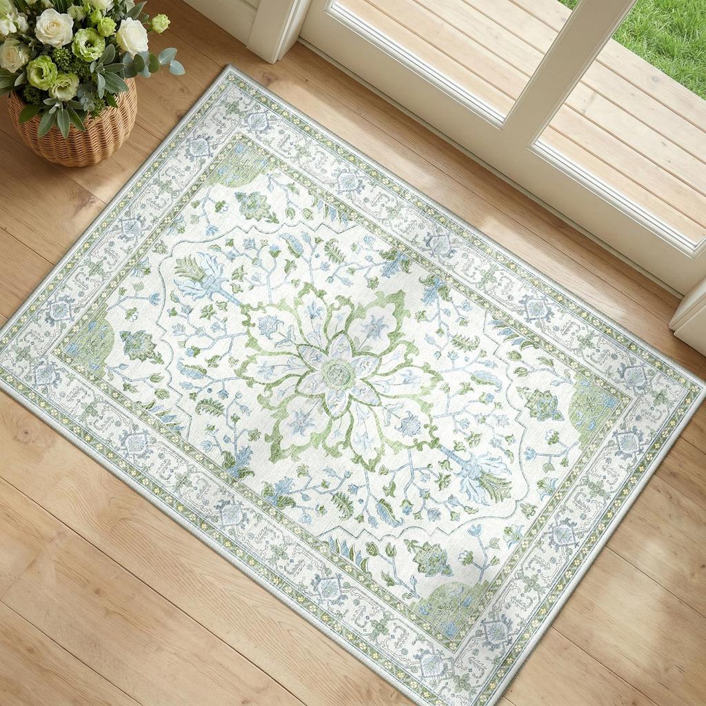 Tappeto Bohémien Vintage con Stampa Floreale, Tappetino Antiscivolo Orientale Consumato Verde Beige per Soggiorno Camera da Letto Arredamento Casa Tappeto