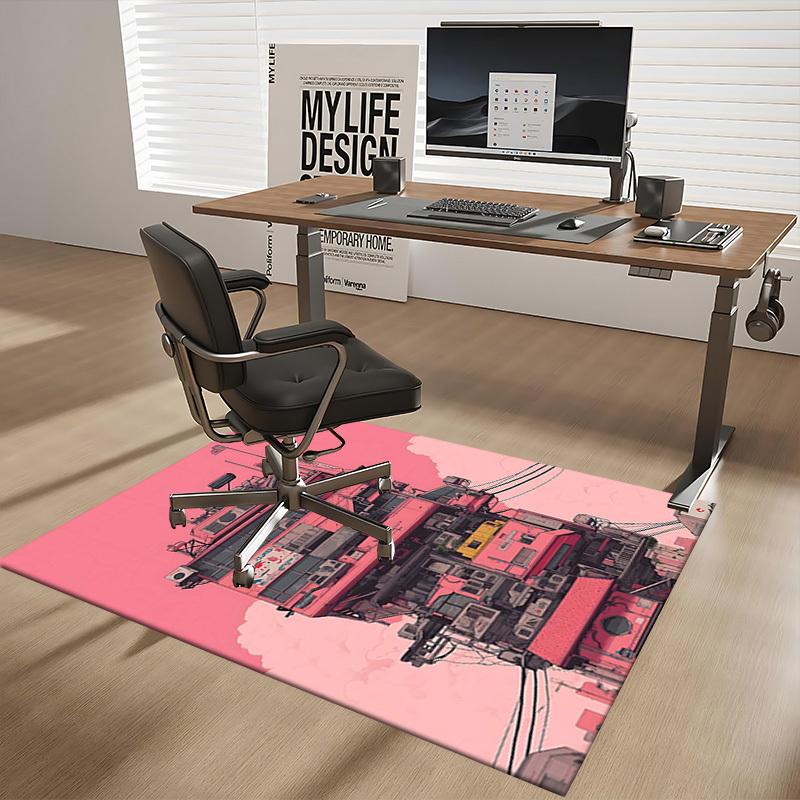 

1pc Anime Cartoon Design Office Chair Mat - Pink Building with Japanese Characters and Flags - Non-Slip Carpet for Home Decor, Living Room, Bedroom, G 60cm by 90cm