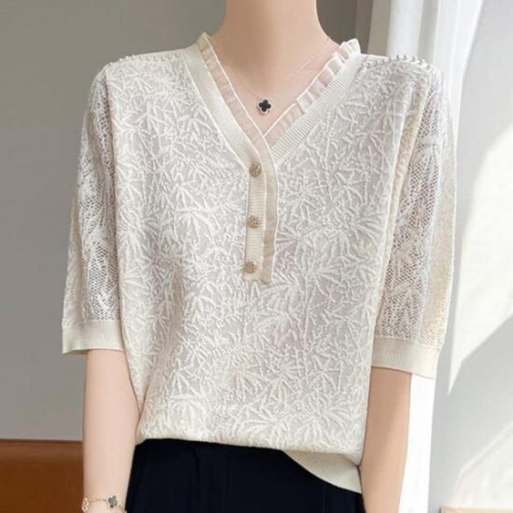 Navava Women Thin Flower Lace Short Sleeve Knit Nk3007