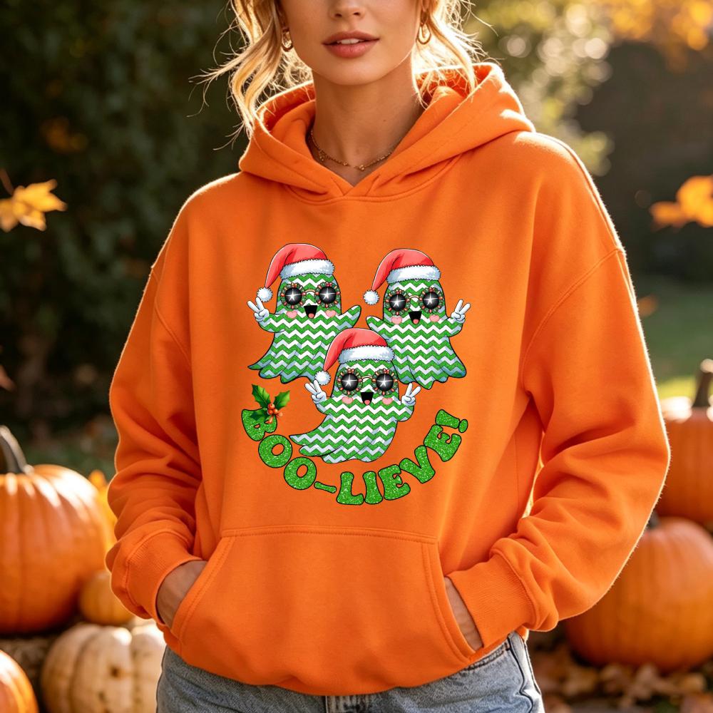 Boo-Lieve Christmas Hat Ghosts Graphic Hoodie Cute Spooky Halloween Holiday Pullover Unisex Winter Casual Streetwear Tops
