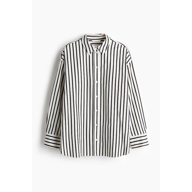 

HM Women s Shirt 2025 Autumn New Arrival Loose Fashion Minimalist Plaid Polo Collar Stripes Long Sleeves 1265984 White/Black Stripes 155/80