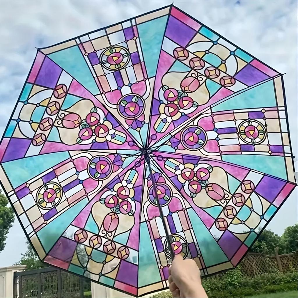 Parapluie transparent en forme d'arche de forêt tropicale britannique avec vitrail, parapluie transparent à long manche, automatique, grand, romantique et ensoleillé