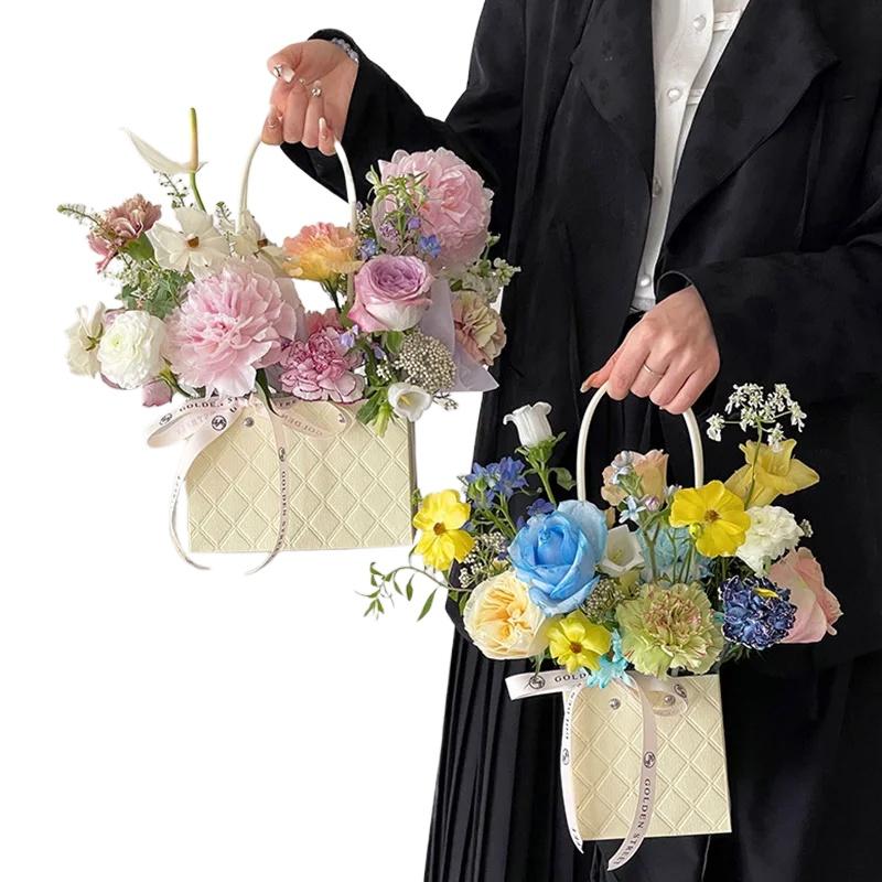 1PC Flower Packaging Bag Portable With Handle Rose Flower Kraft Paper Colorful Flower Box Birthday Gift Bag Wedding Party